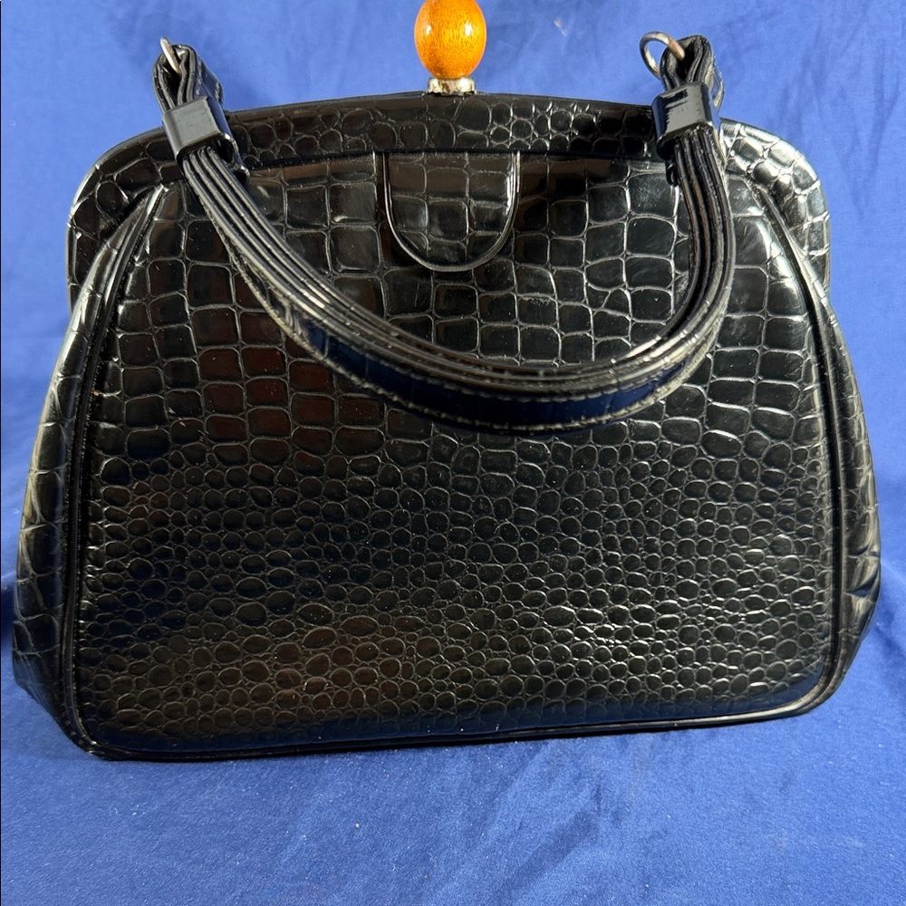 Jacklyn USA Classic Black Croc-Embossed Top-Handle Bag Vintage